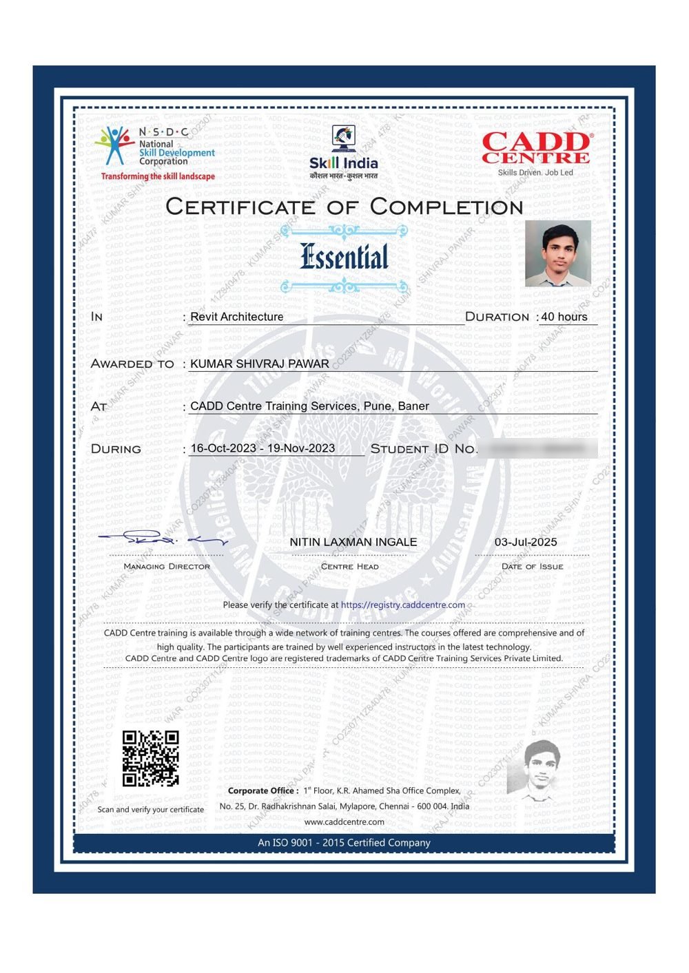Revit Architecture Certificate - Kumar Pawar, CADD Centre Pune