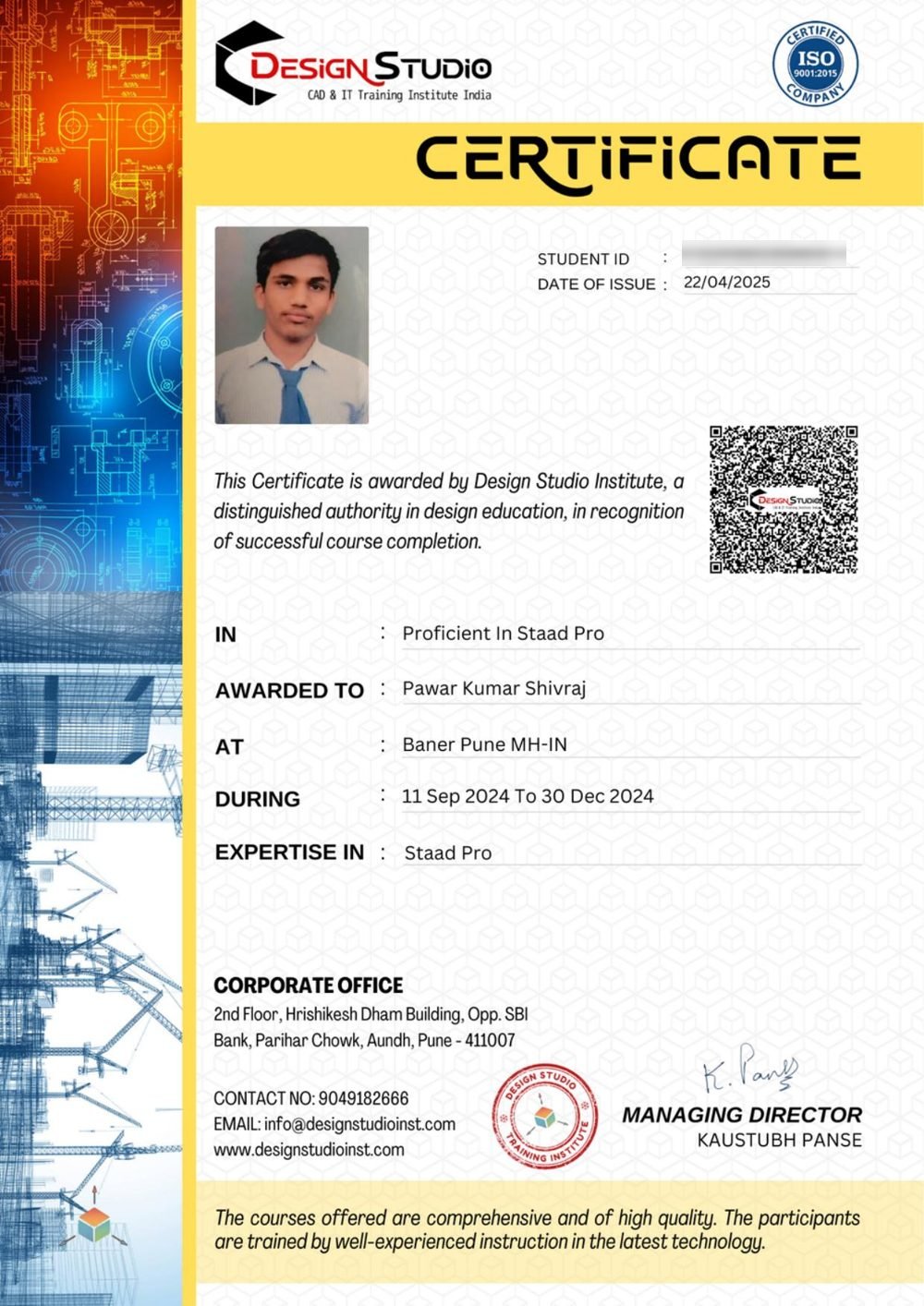 STAAD.Pro Certificate - Kumar Pawar, Design Studio Institute Pune