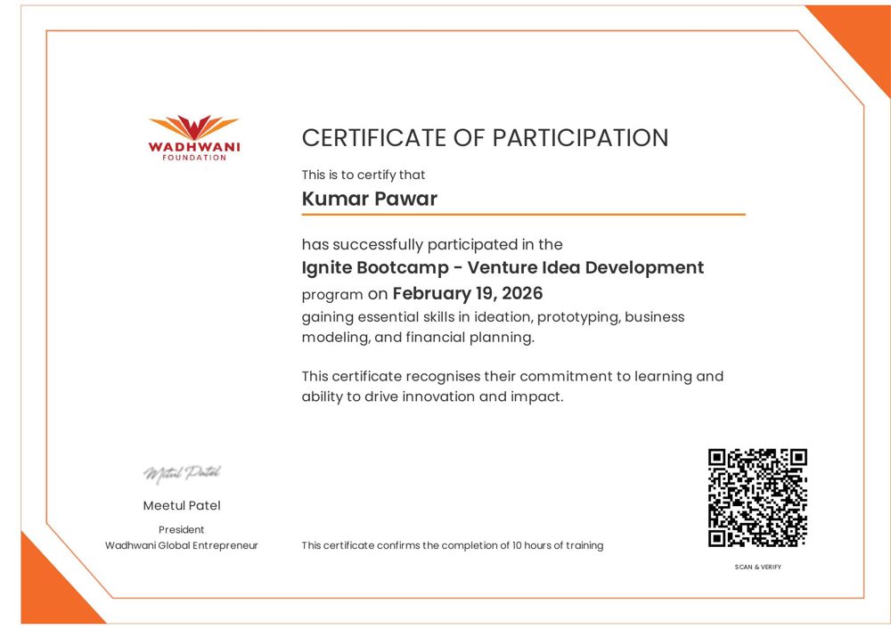 Wadhwani Foundation Ignite Bootcamp Certificate - Kumar Pawar